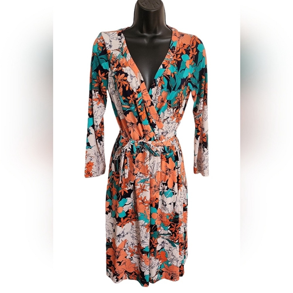 Anne Klein V-Neck Orange and White Wrap Dress